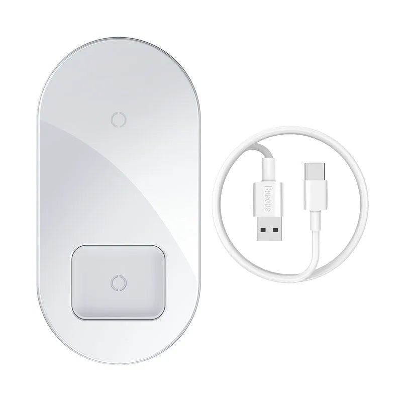 Baseus Minimalist 2-in-1 Wireless Charger Pro in black on a desk, charging a phone and AirPods case.