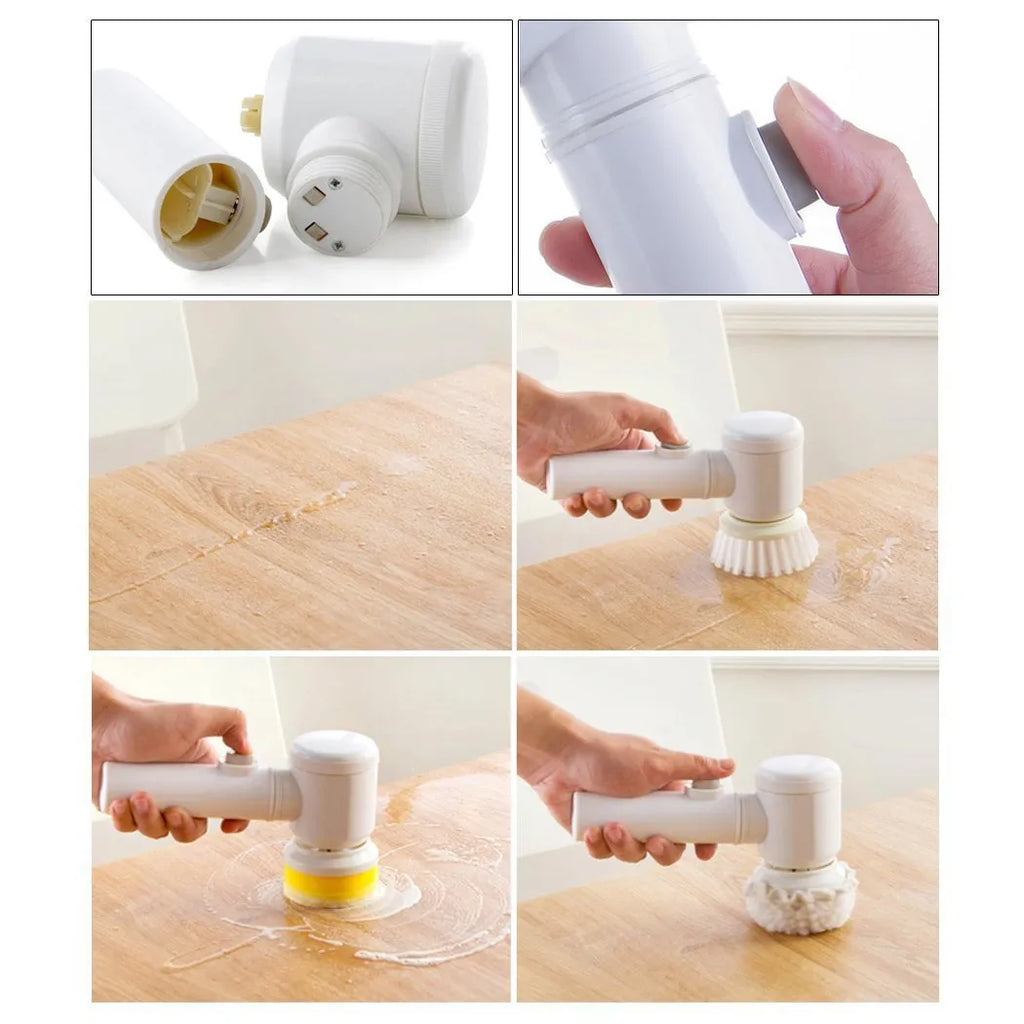 White electric cleaning brush with three interchangeable brush heads for household cleaning tasks