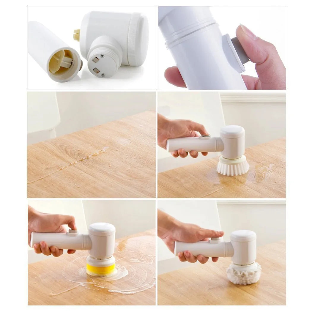 White electric cleaning brush with three interchangeable brush heads for household cleaning tasks