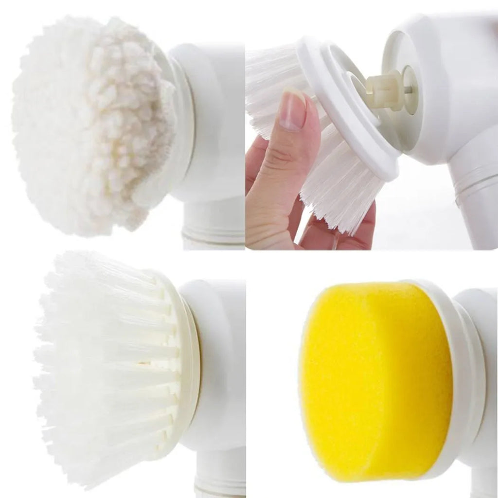 White electric cleaning brush with three interchangeable brush heads for household cleaning tasks