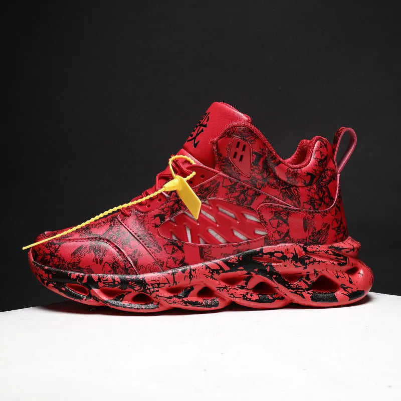 Men's camouflage print high-top basketball shoes on a white background.