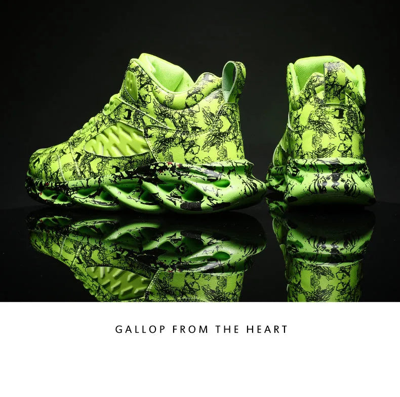 Men's camouflage print high-top basketball shoes on a white background.