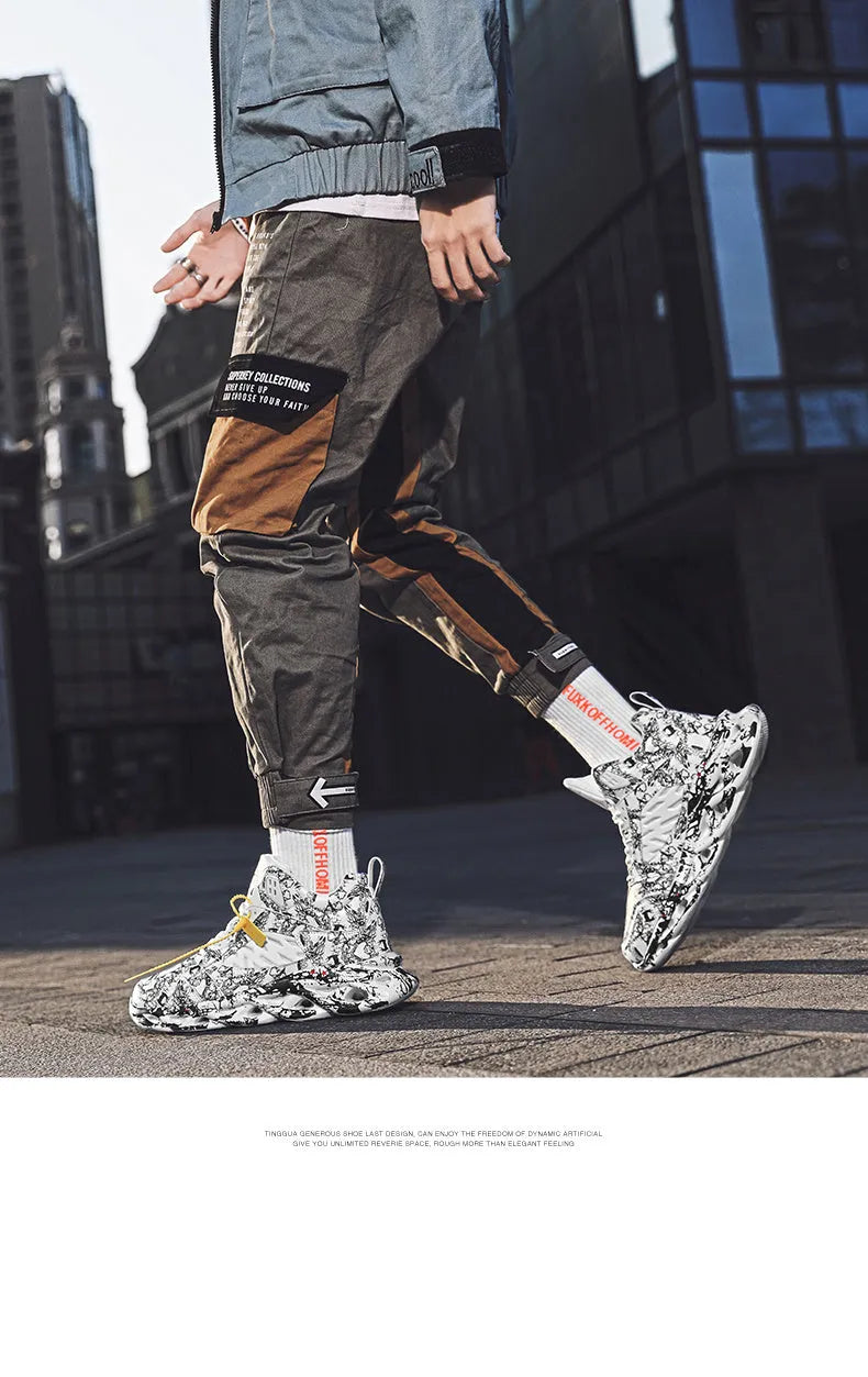 Men's camouflage print high-top basketball shoes on a white background.