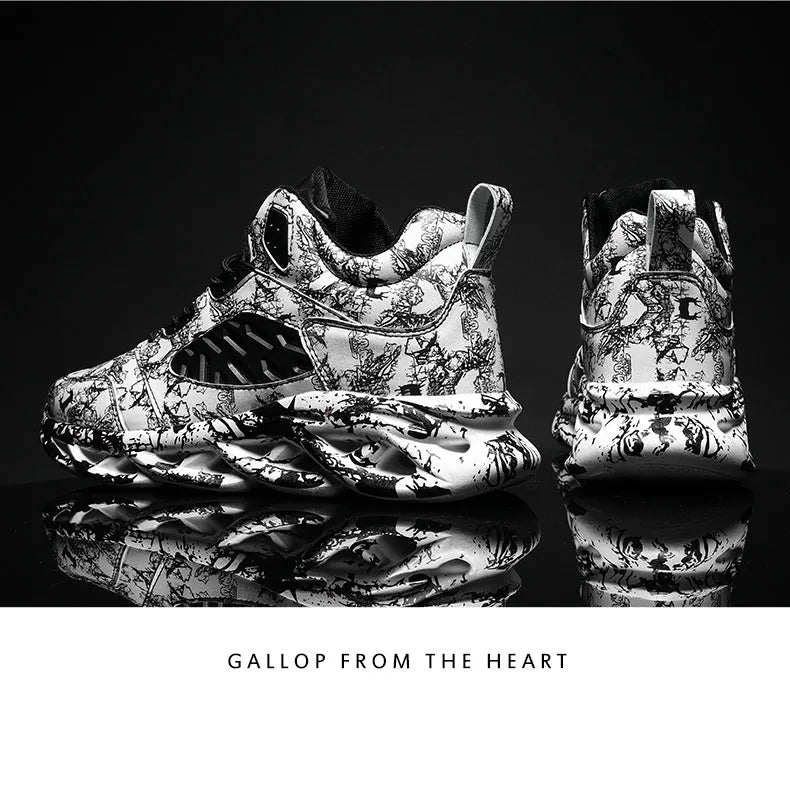 Men's camouflage print high-top basketball shoes on a white background.