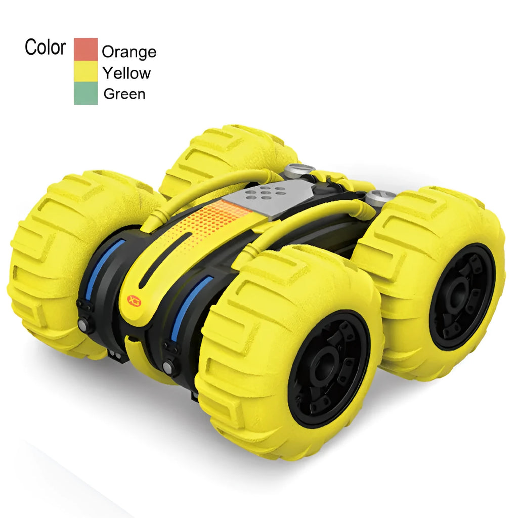 Remote control amphibious dump truck in green with tipping bed on land