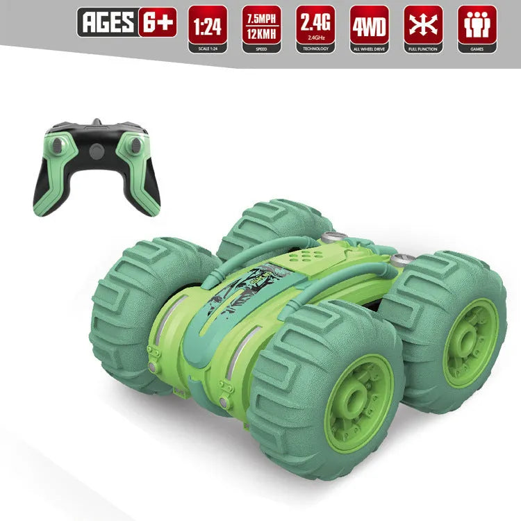 Remote control amphibious dump truck in green with tipping bed on land