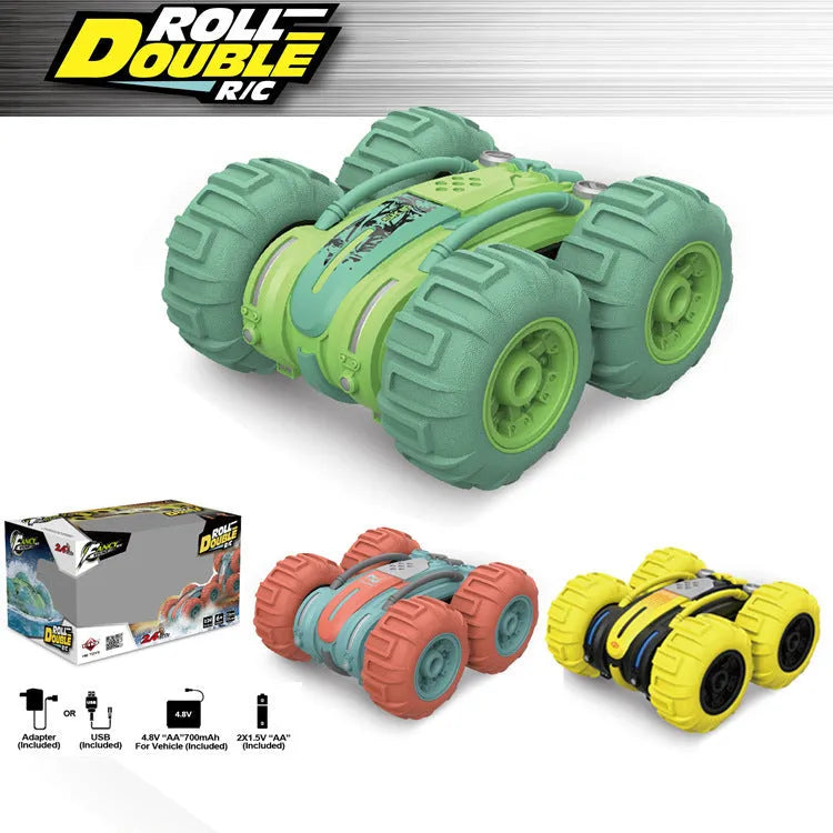 Remote control amphibious dump truck in green with tipping bed on land