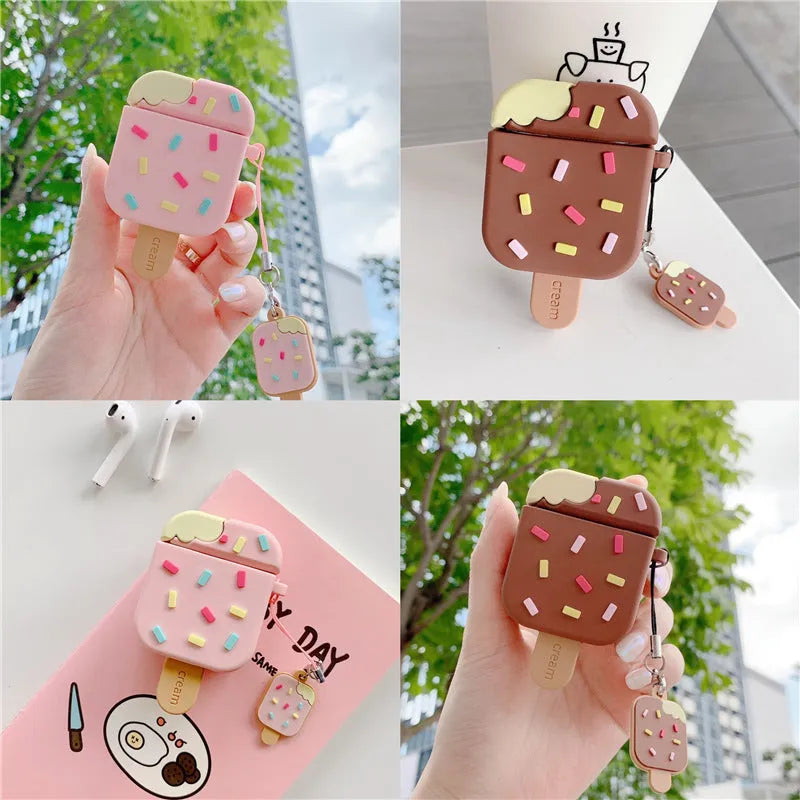 Pink and brown cartoon sandwich ice cream design silicone AirPods case with pendant charm