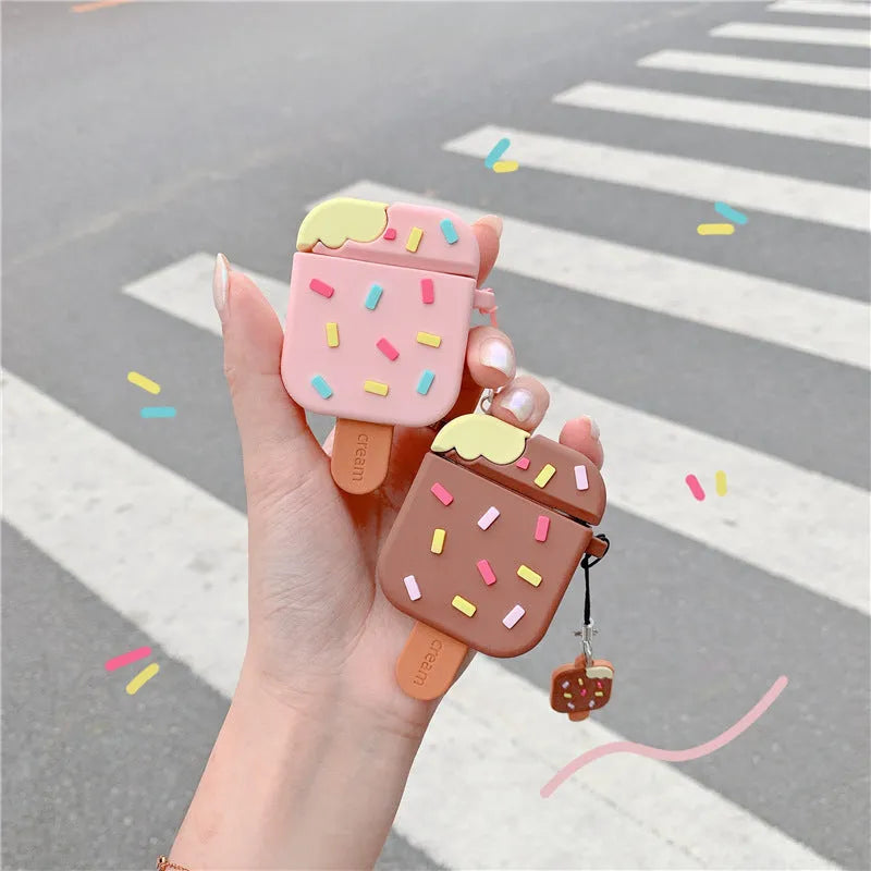 Pink and brown cartoon sandwich ice cream design silicone AirPods case with pendant charm