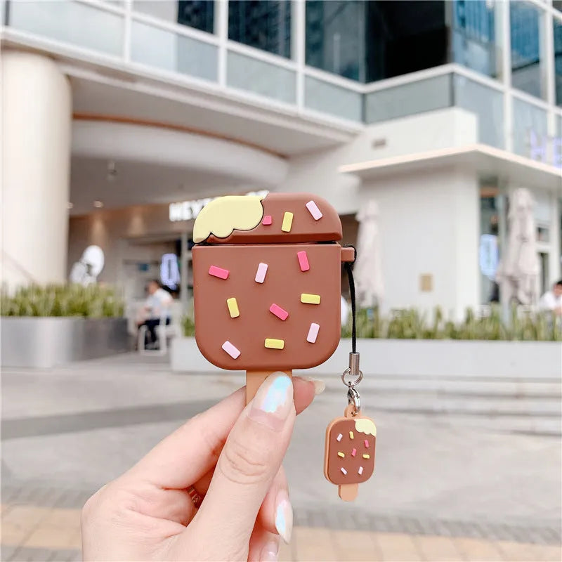 Pink and brown cartoon sandwich ice cream design silicone AirPods case with pendant charm