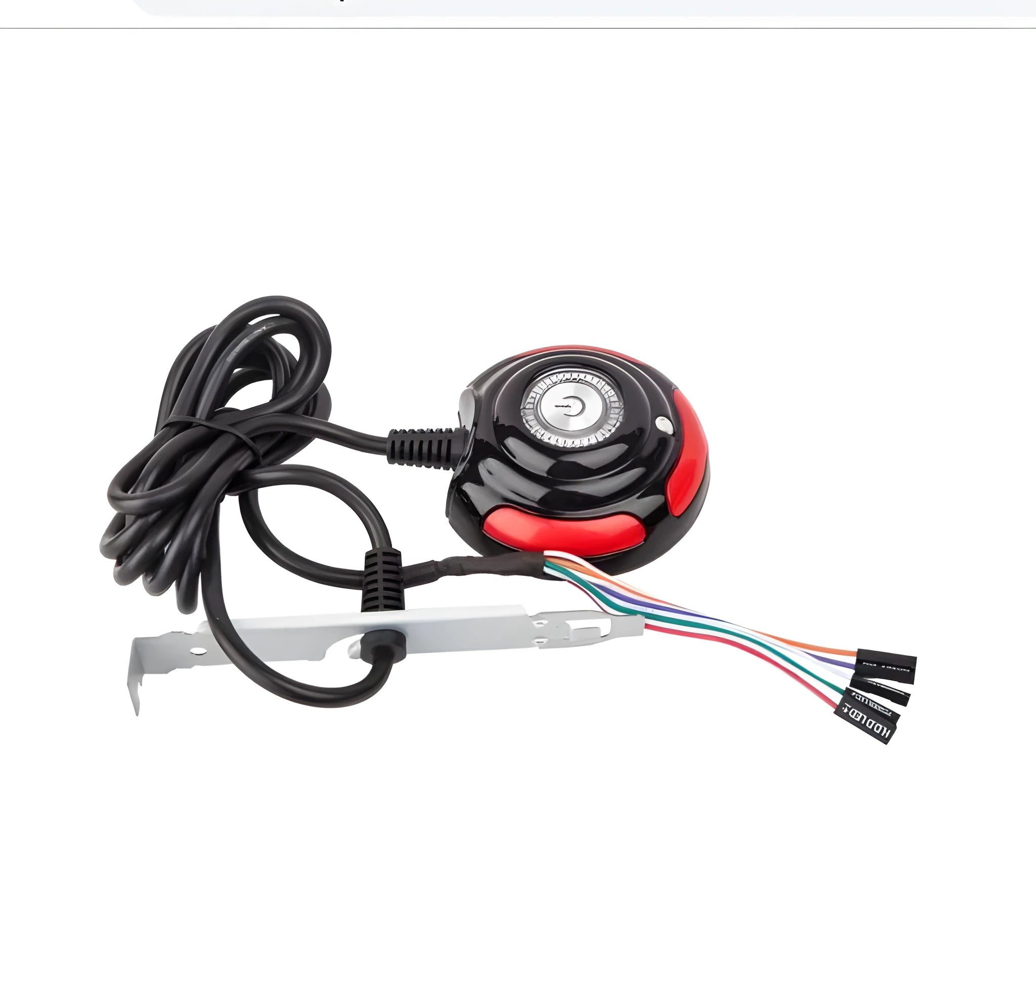 Black and red desktop computer power switch with reset button and 1.6 metre cable