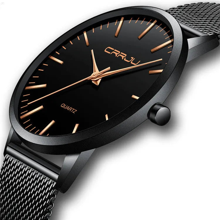 Casual quartz watch with alloy case and choice of mesh or leather strap in various colour combinations