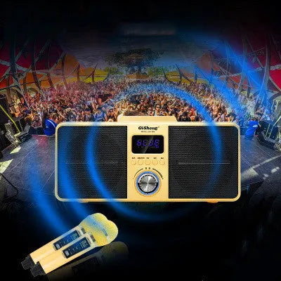 Black or gold Bluetooth karaoke speaker with two wireless microphones on charging stand