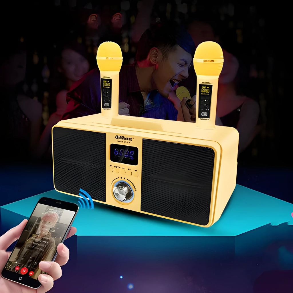 Black or gold Bluetooth karaoke speaker with two wireless microphones on charging stand