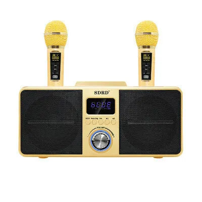 Black or gold Bluetooth karaoke speaker with two wireless microphones on charging stand