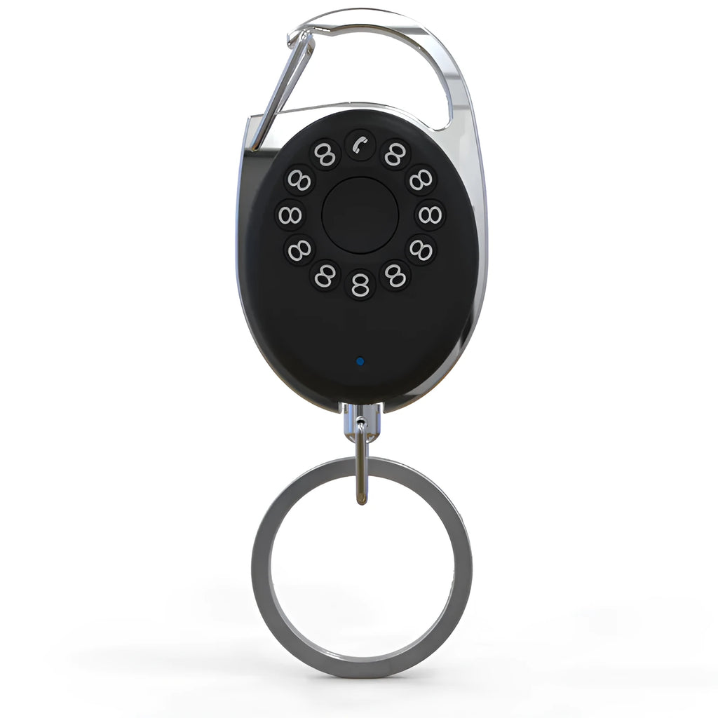 Black Bluetooth anti-lost tracker with keychain attachment and selfie remote function