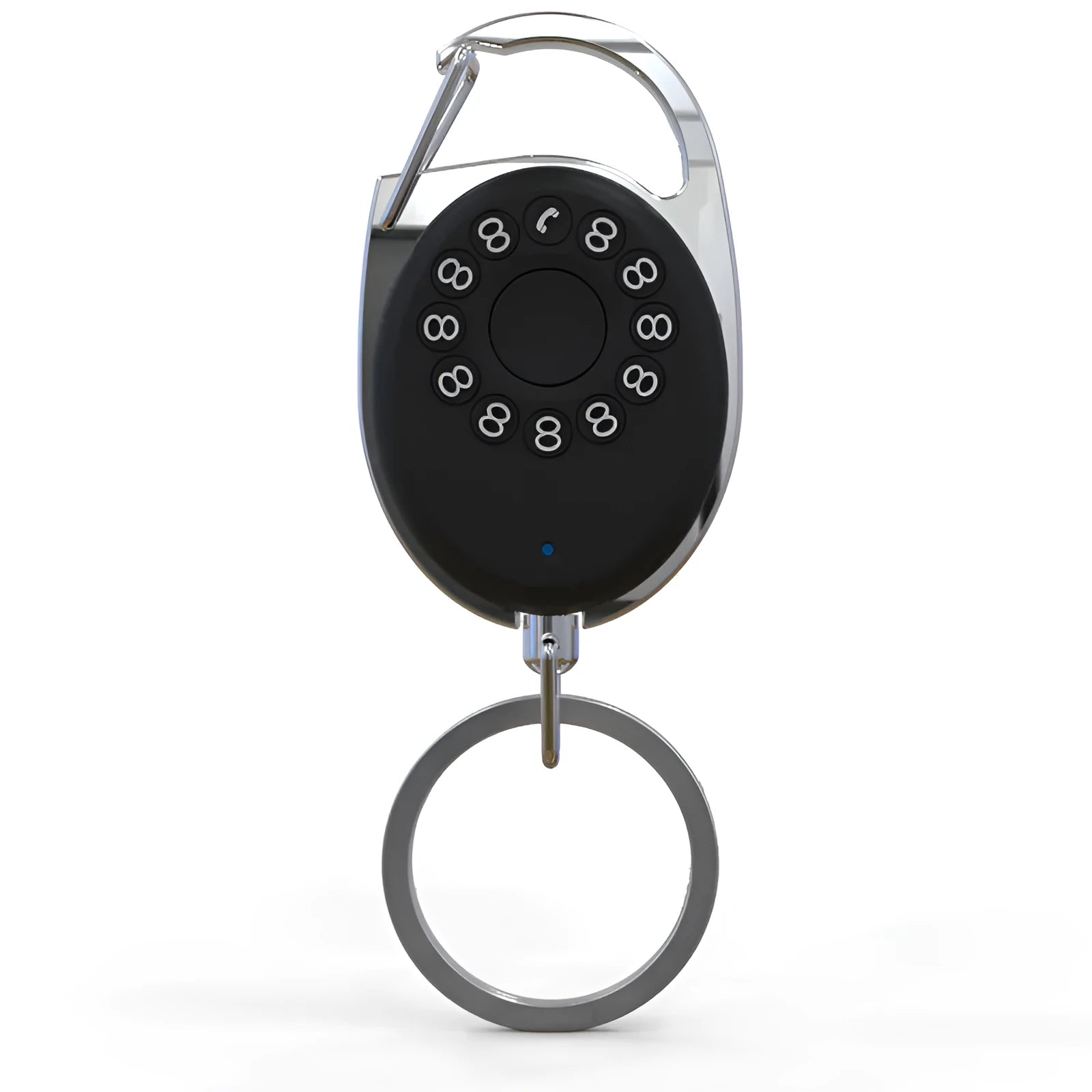 Black Bluetooth anti-lost tracker with keychain attachment and selfie remote function