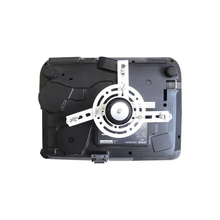 White electric projector lifting hanger with ultra-thin chassis and wireless remote control on a ceiling.