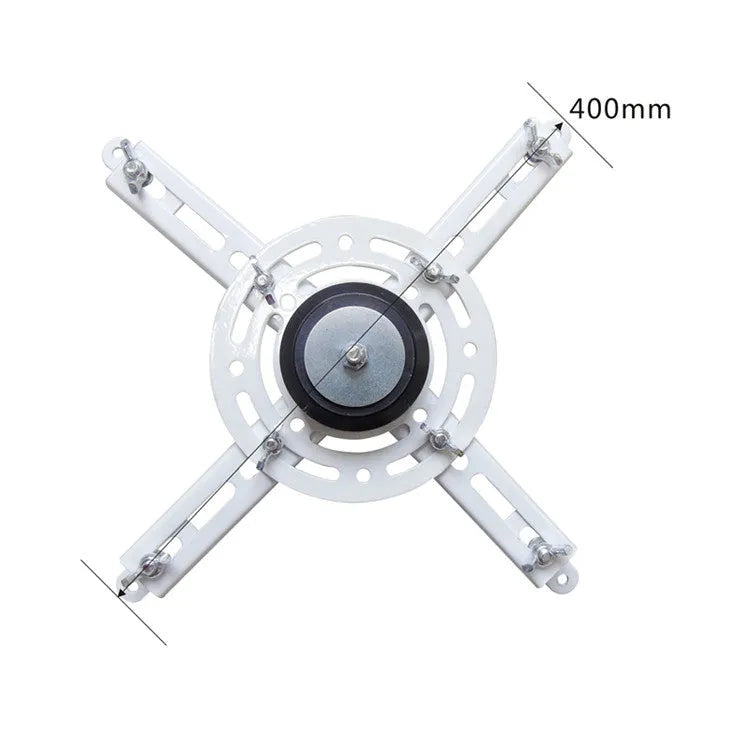 White electric projector lifting hanger with ultra-thin chassis and wireless remote control on a ceiling.
