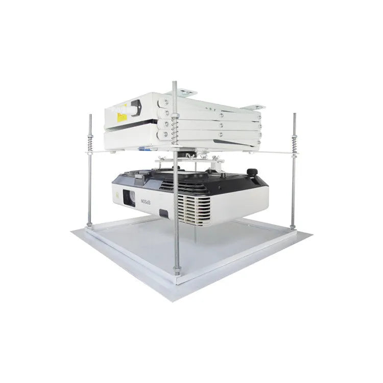 White electric projector lifting hanger with ultra-thin chassis and wireless remote control on a ceiling.