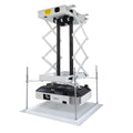 White electric projector lifting hanger with ultra-thin chassis and wireless remote control on a ceiling.
