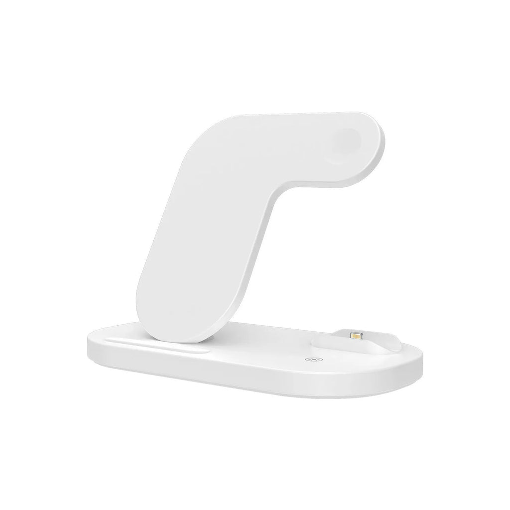 Black and white 3-in-1 foldable wireless charging station for Apple iPhone, AirPods, and Watch