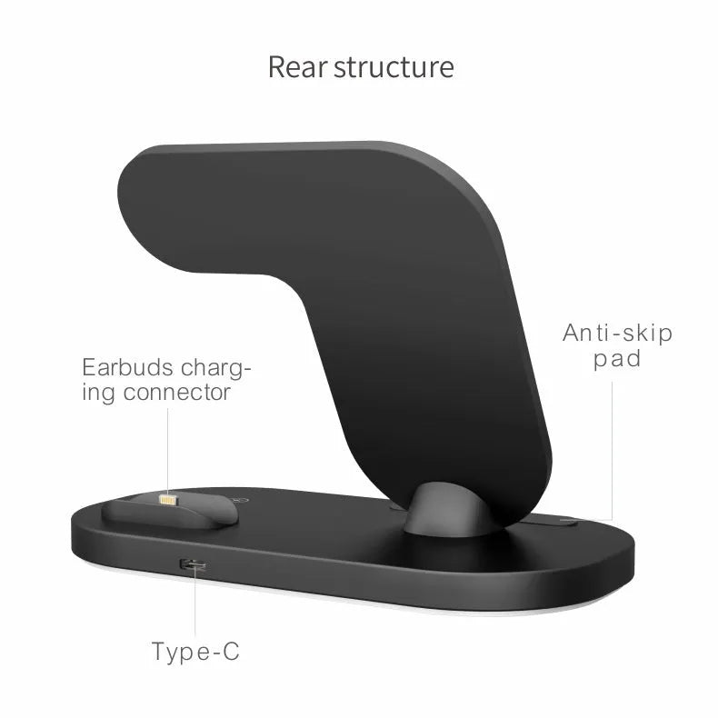 Black and white 3-in-1 foldable wireless charging station for Apple iPhone, AirPods, and Watch