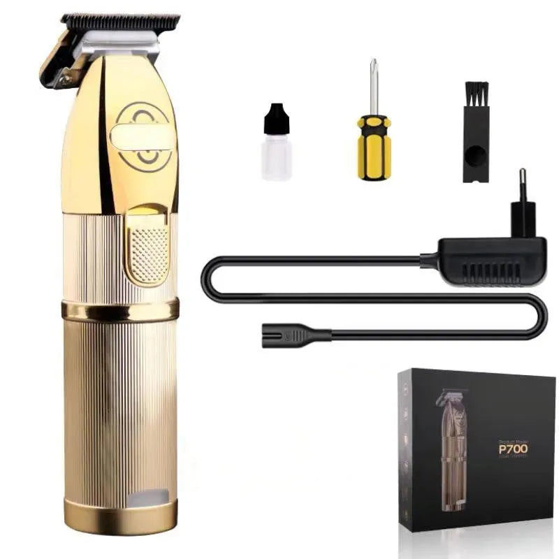 Gold-coloured cordless hair clipper with dual USB and power supply charging options