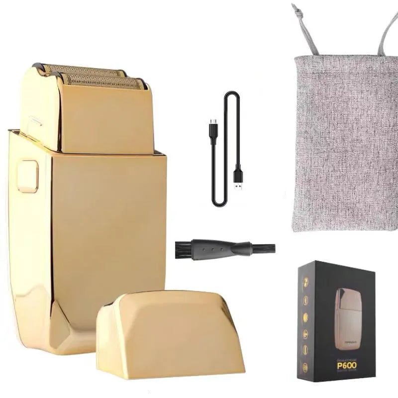 Gold-coloured cordless hair clipper with dual USB and power supply charging options