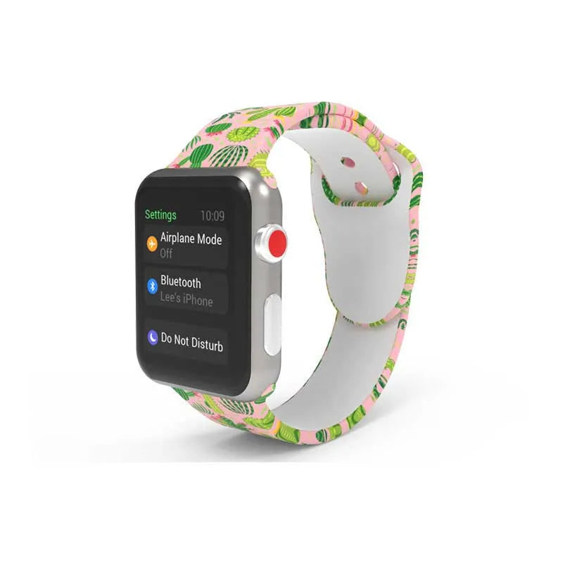 Silicone Apple Watch band showing tie-dye pattern options for 38mm and 42mm watches