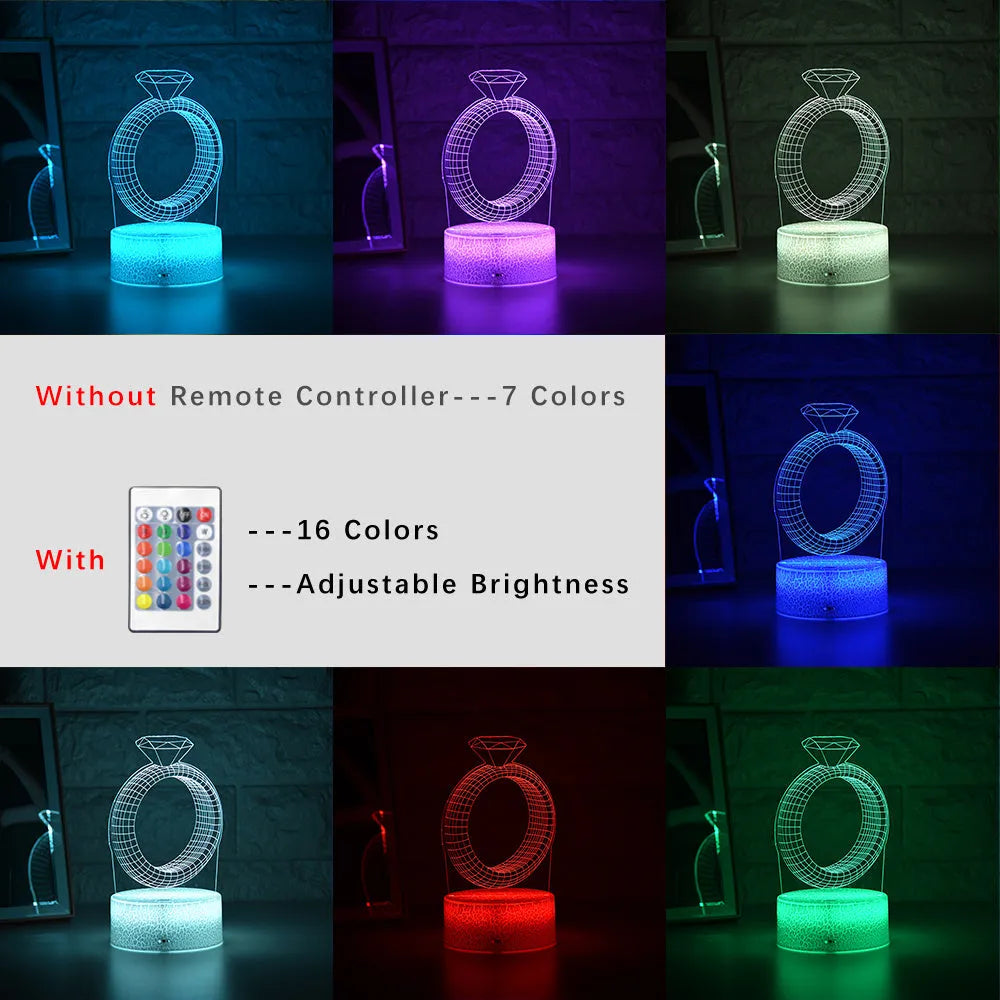 3D diamond ring design LED night light with colour changing modes on a black background.