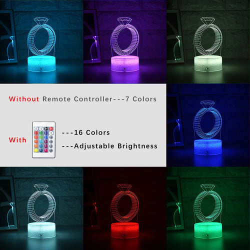 3D diamond ring design LED night light with colour changing modes on a black background.