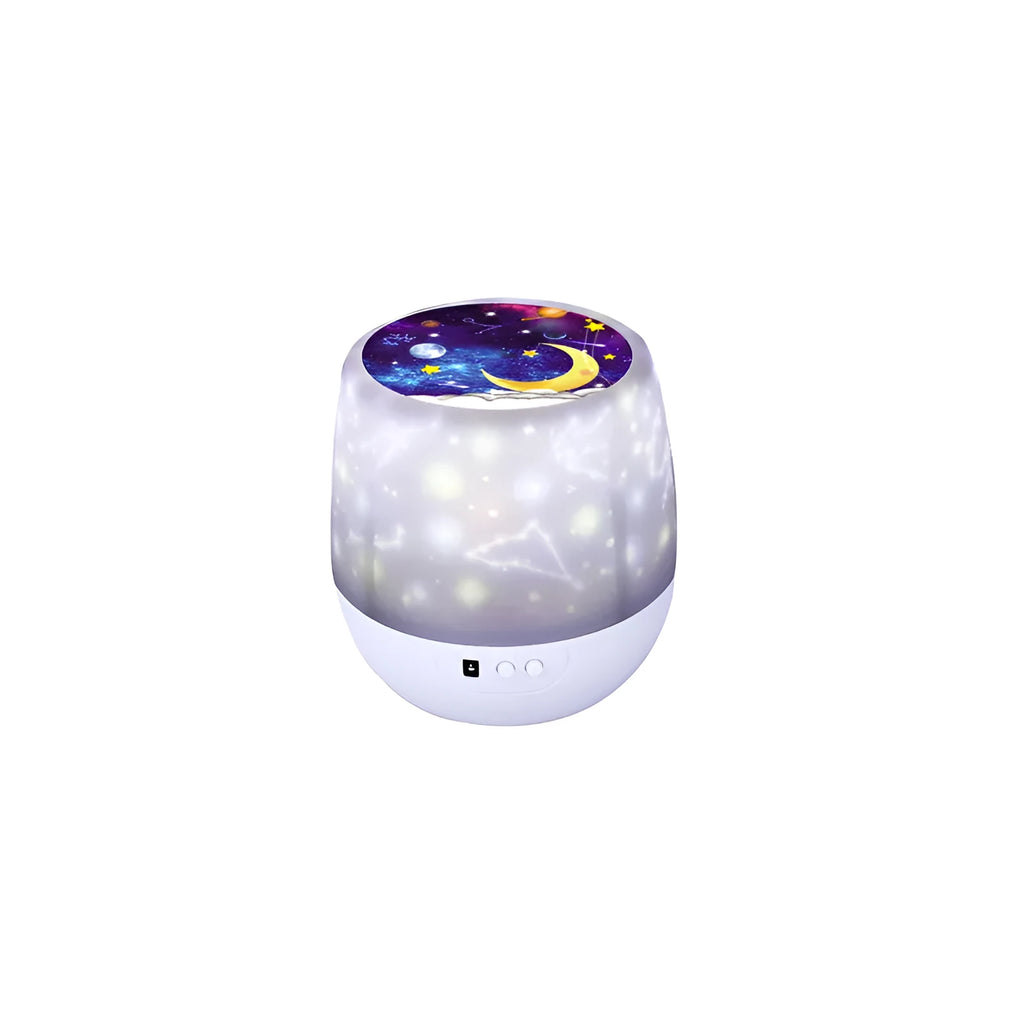 Pruixin rotating LED projector night light displaying star patterns on a bedroom ceiling.