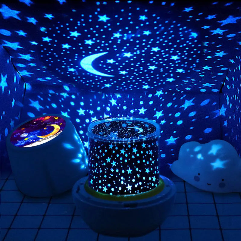 Pruixin rotating LED projector night light displaying star patterns on a bedroom ceiling.