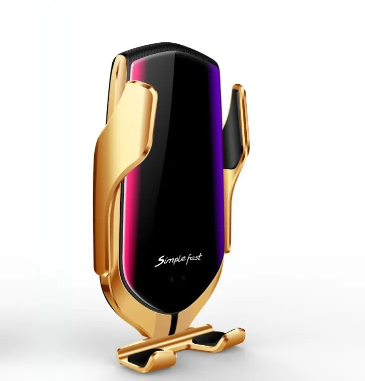 Magic Clip R1 automatic wireless charging car phone holder in gold on a dashboard.