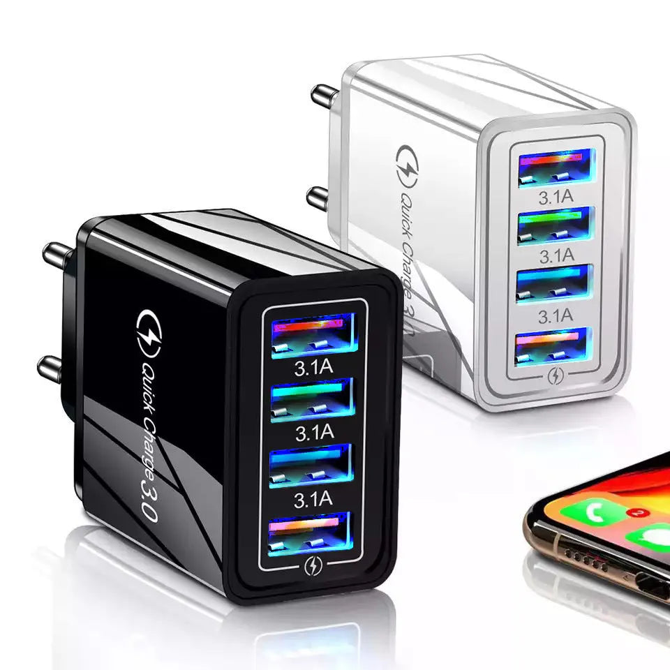 4-port USB wall charger with luminous indicator in multiple colour options