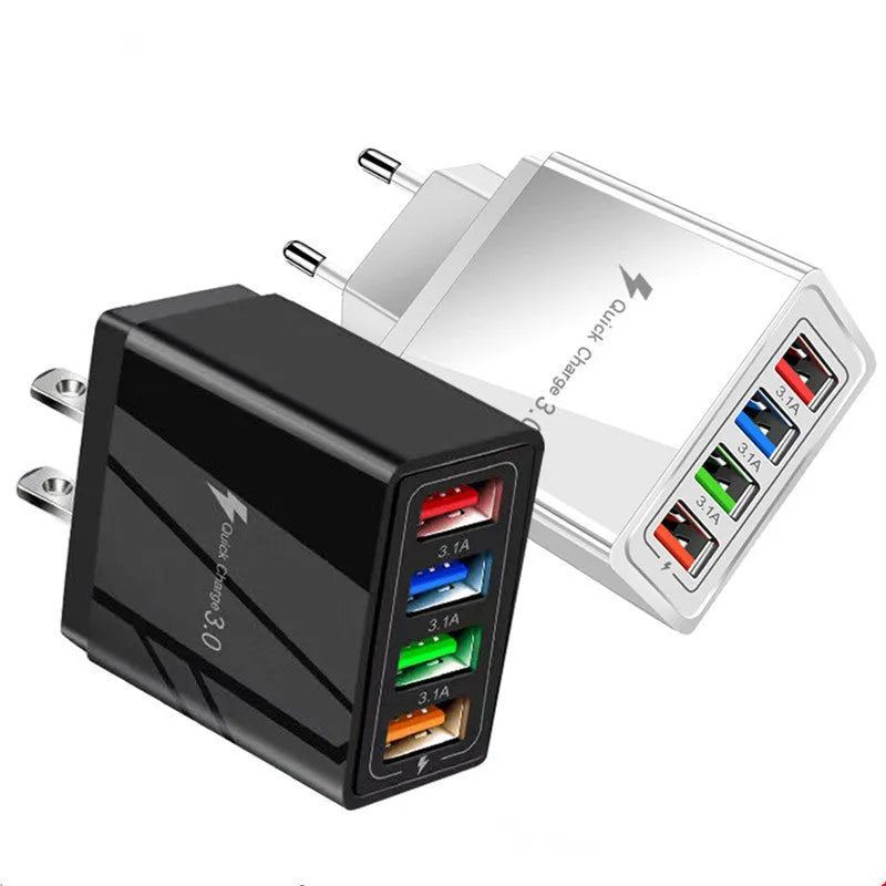 4-port USB wall charger with luminous indicator in multiple colour options