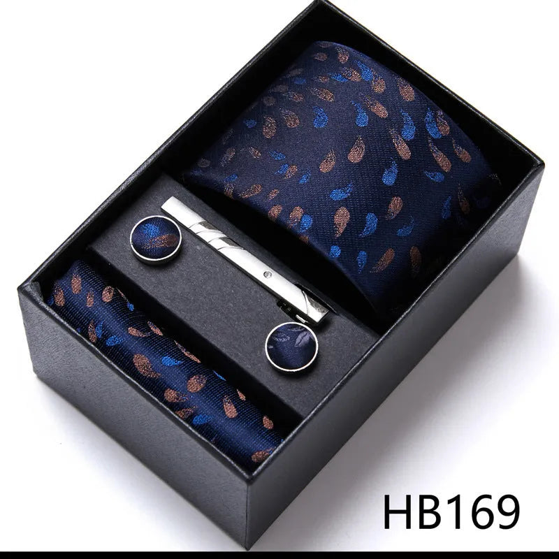 Men's tie six-piece suit gift box set with polyester silk grid pattern tie and square scarf in high-end gift box