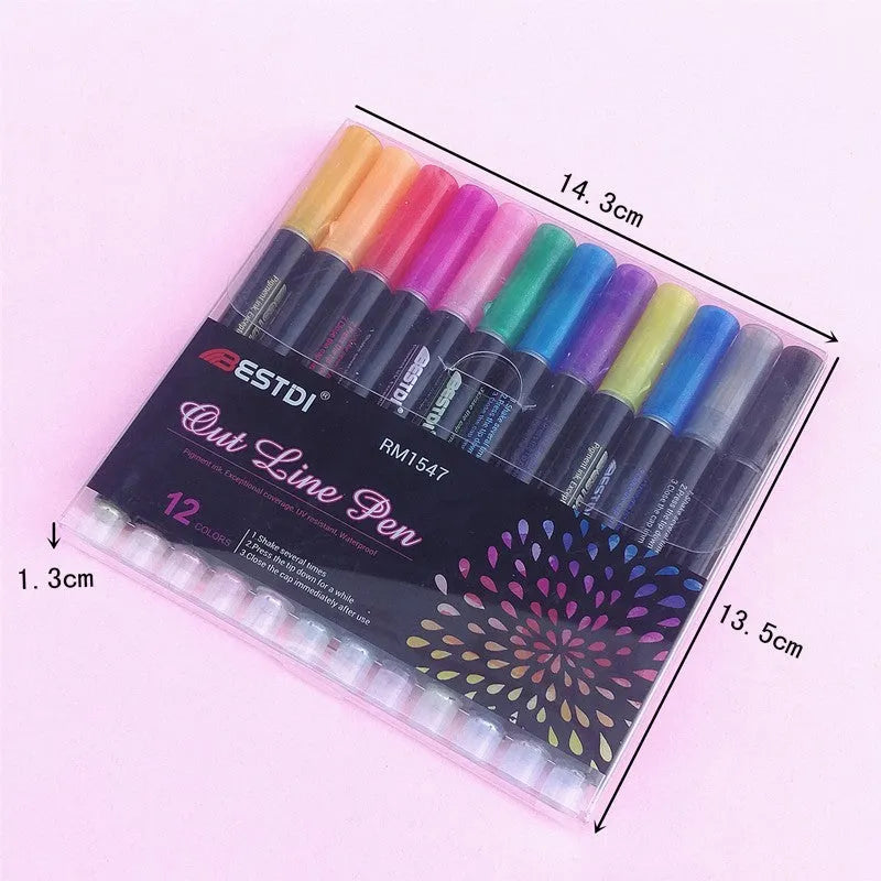 12 colour double-line contour pen set with flashing highlighter tips in plastic storage case