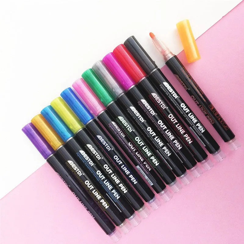 12 colour double-line contour pen set with flashing highlighter tips in plastic storage case