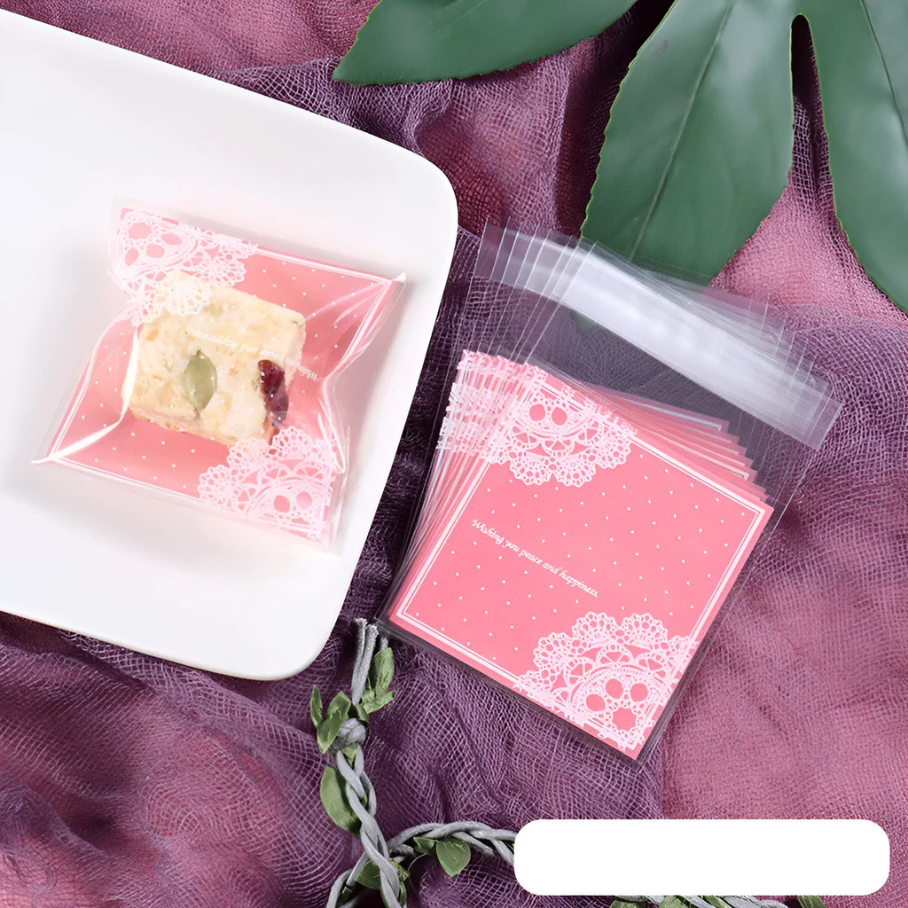 Pink self-adhesive plastic packaging bags with UV printing measuring 7x7cm for handmade soap packaging
