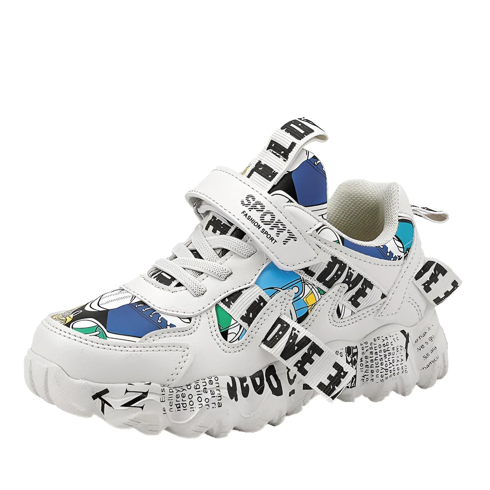 Boys' velcro sports sneakers in beige blue, white red, and bright red colours with rubber soles