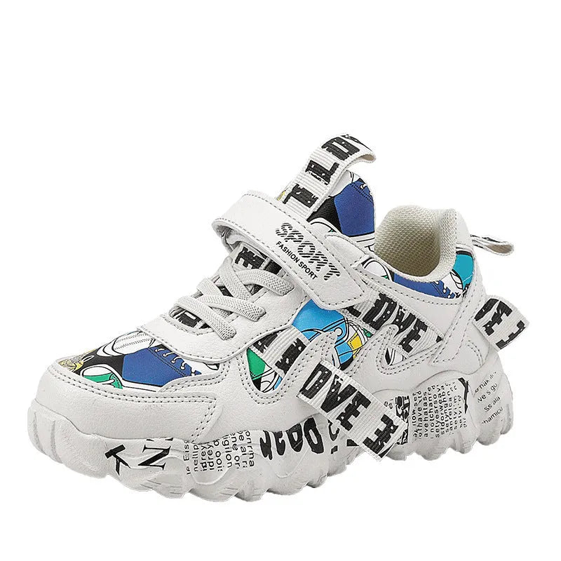 Boys' velcro sports sneakers in beige blue, white red, and bright red colours with rubber soles