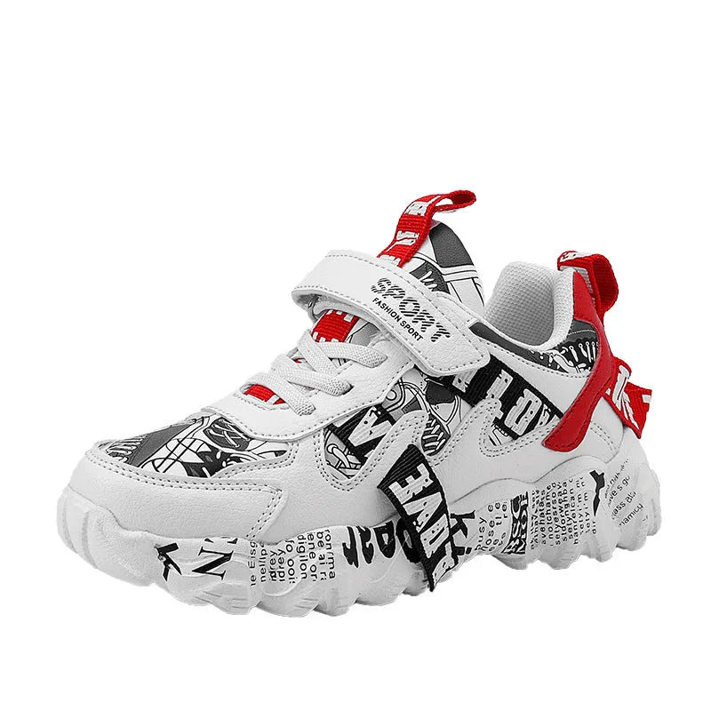 Boys' velcro sports sneakers in beige blue, white red, and bright red colours with rubber soles