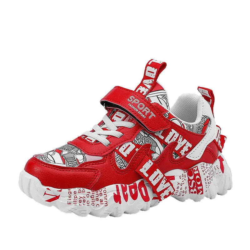 Boys' velcro sports sneakers in beige blue, white red, and bright red colours with rubber soles