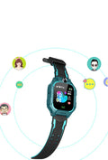 Z6 Q19 children's smart phone watch in green colour showing its 1.44-inch touch screen and wrist strap.