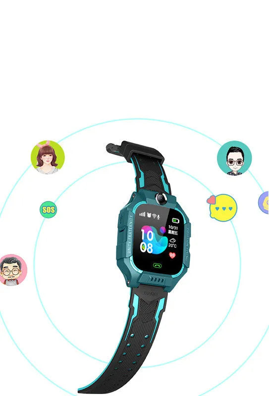 Z6 Q19 children's smart phone watch in green colour showing its 1.44-inch touch screen and wrist strap.