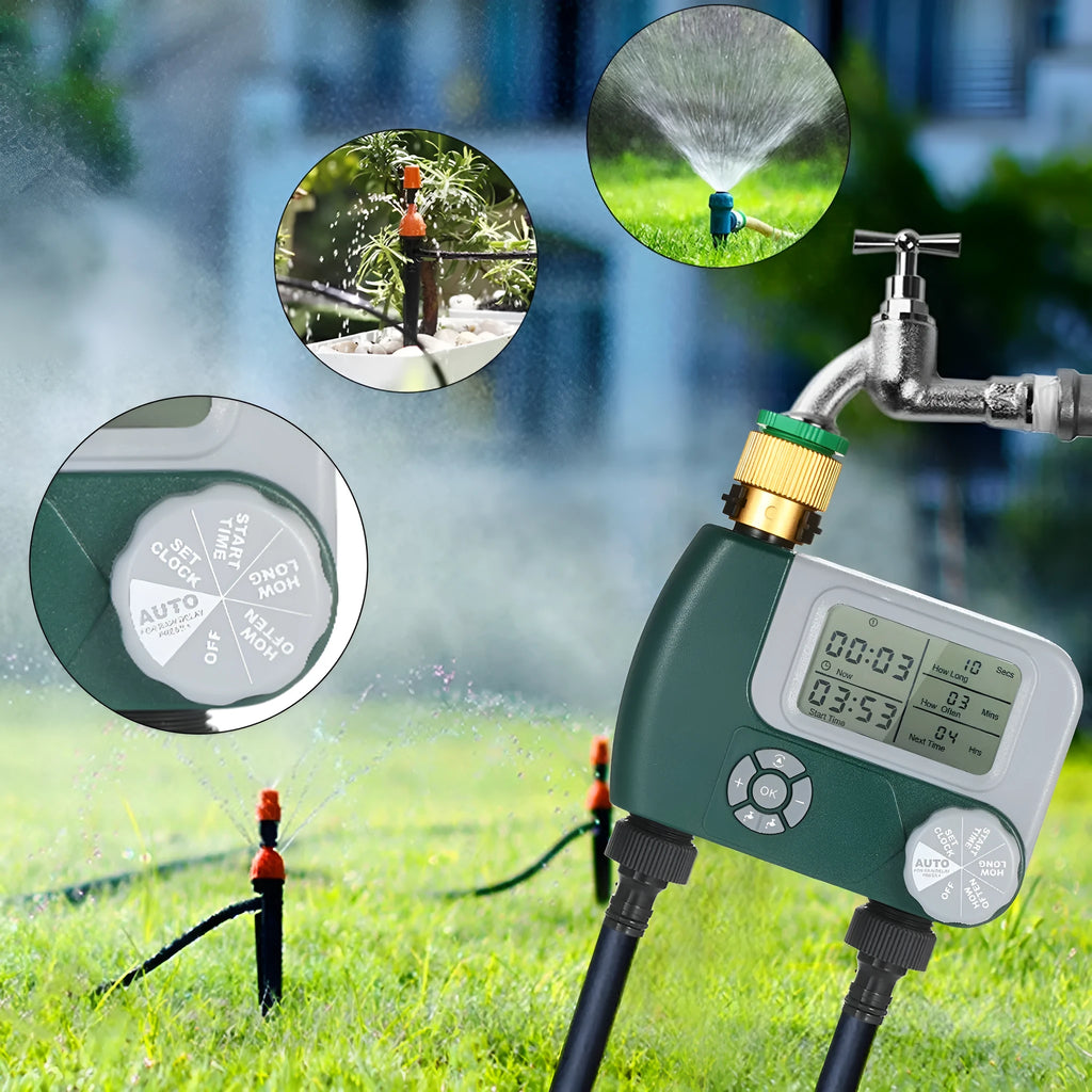 Green digital programmable garden hose water timer with large display and two outlet ports