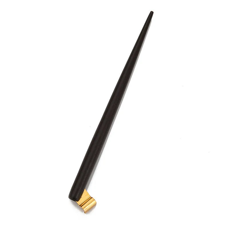 Black and brown calligraphy dip pen with straight and inclined angles, shown with six stainless steel nibs.