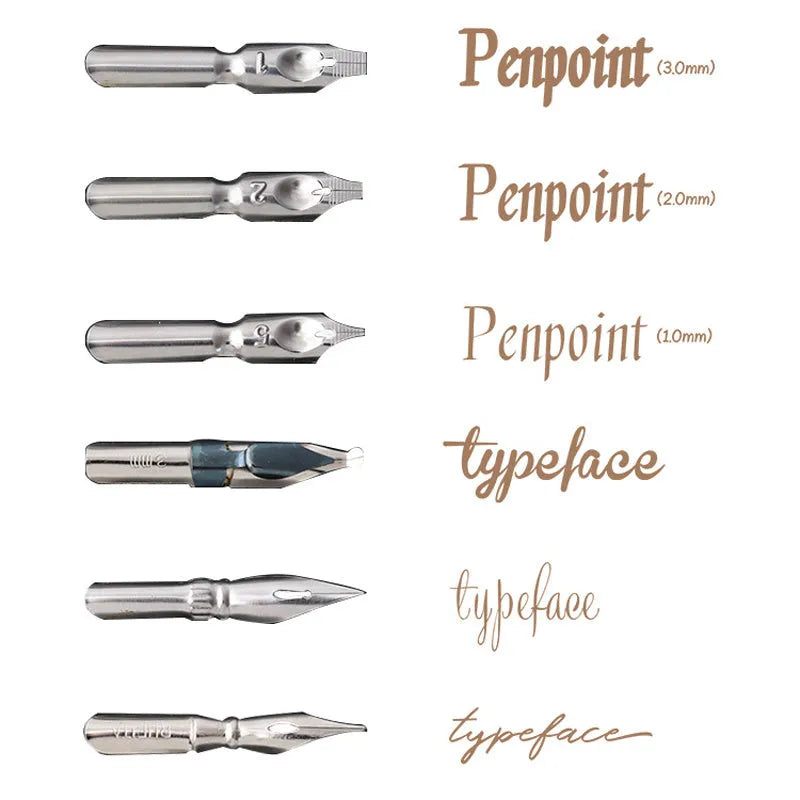 Black and brown calligraphy dip pen with straight and inclined angles, shown with six stainless steel nibs.